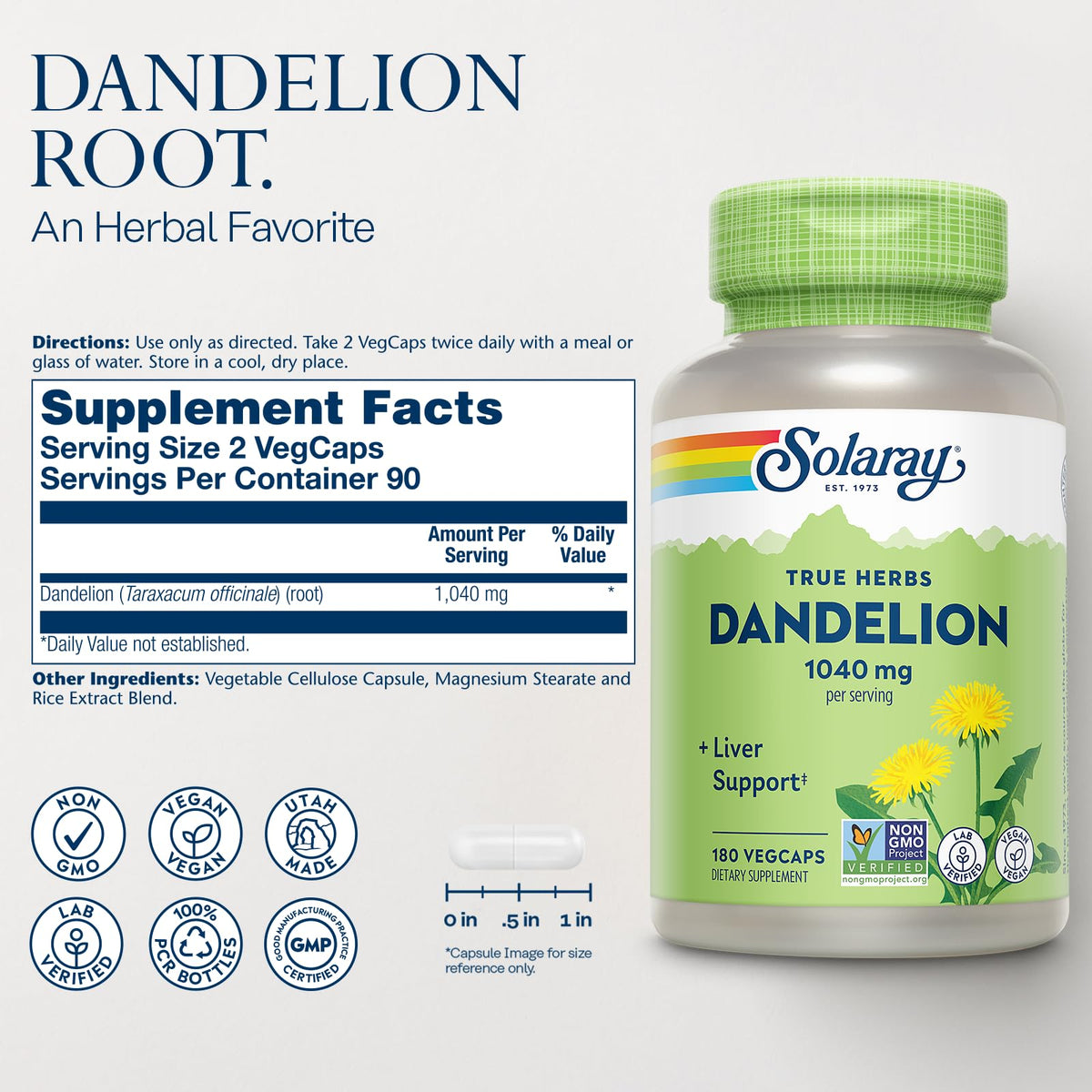 SOLARAY Racine de Pissenlit 1040 mg capsules vegan étiquette