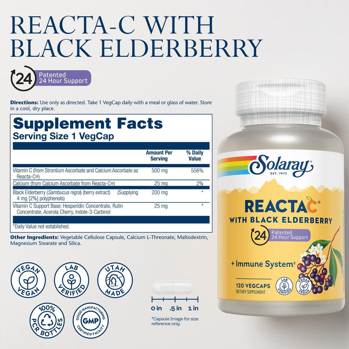 SOLARAY Reacta-C 500 mg, gélules végétales dans un flacon