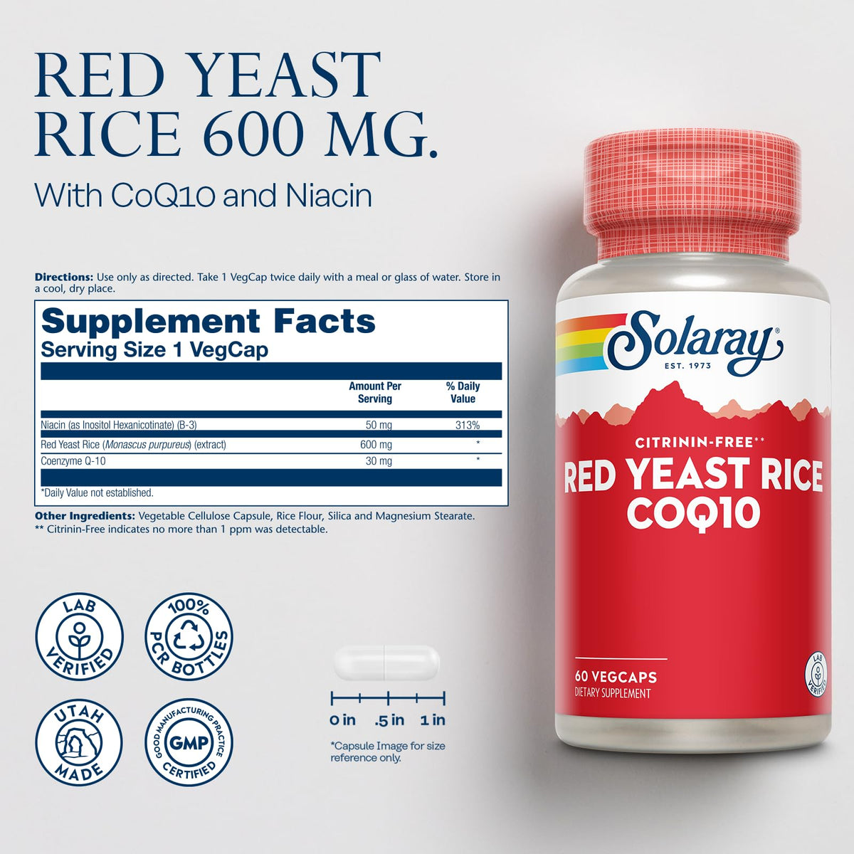 SOLARAY Riz de levure rouge 60 VegCaps vue arrière avec ingrédients