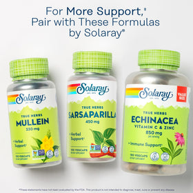 SOLARAY Sarsaparilla Root 450 mg vue de côté avec dimensions du flacon