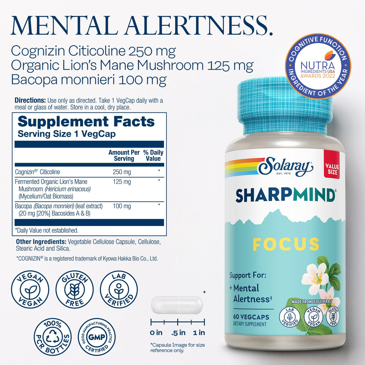 SOLARAY SharpMind Focus 60 Veg Caps arrière avec informations nutritionnelles