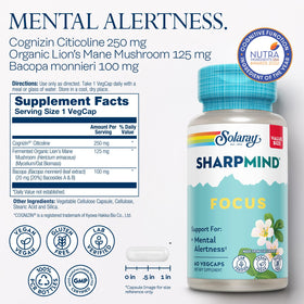 SOLARAY SharpMind Focus 60 Veg Caps arrière avec informations nutritionnelles