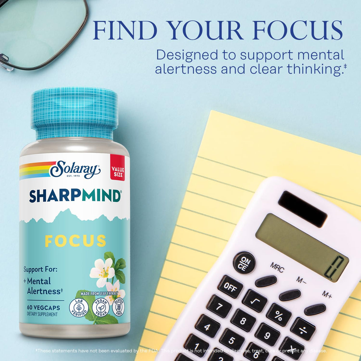 SOLARAY SharpMind Focus 60 Veg Caps bouteille en plastique recyclé
