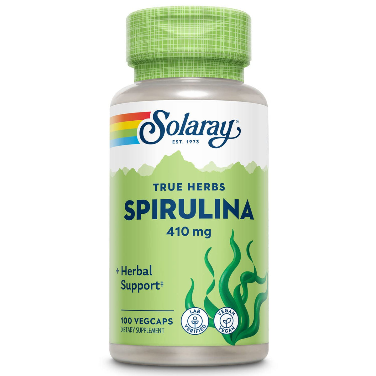 SOLARAY Spirulina 410mg capsules front view with packaging