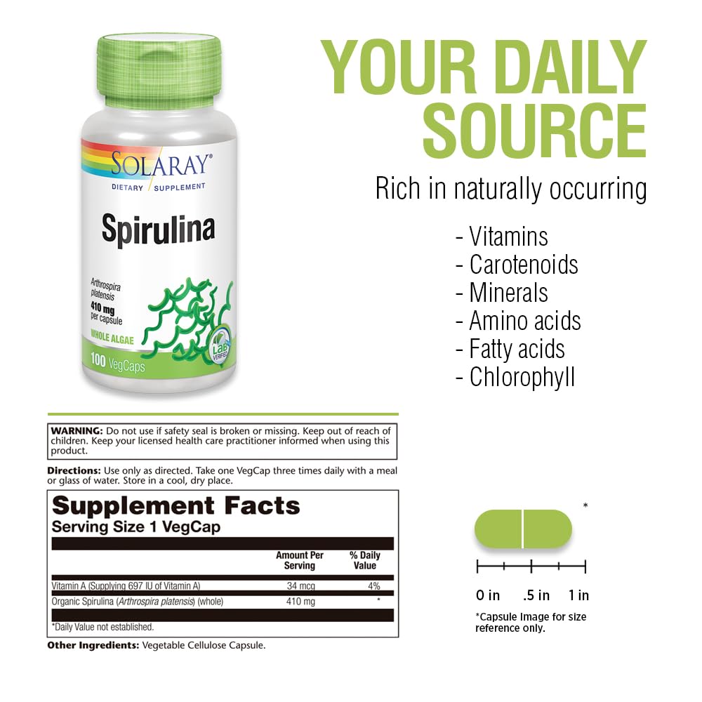 SOLARAY Spirulina 410mg capsules side view showing label