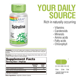 SOLARAY Spirulina 410mg capsules side view showing label