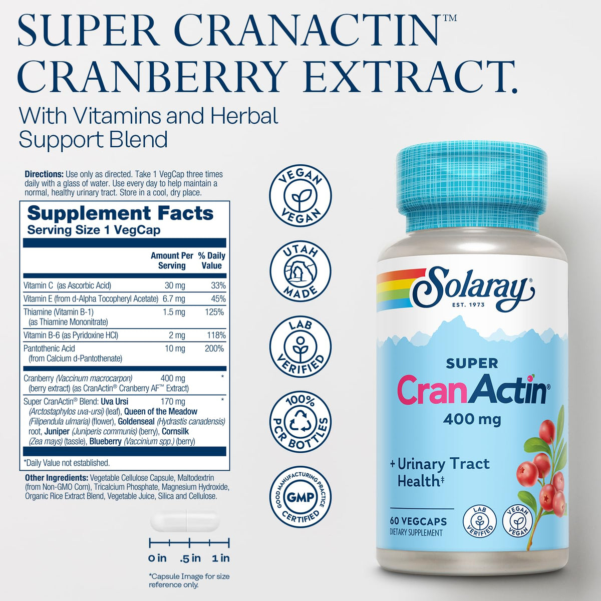 SOLARAY Super CranActin Extrait de Cranberry 400mg 60 VegCaps emballage