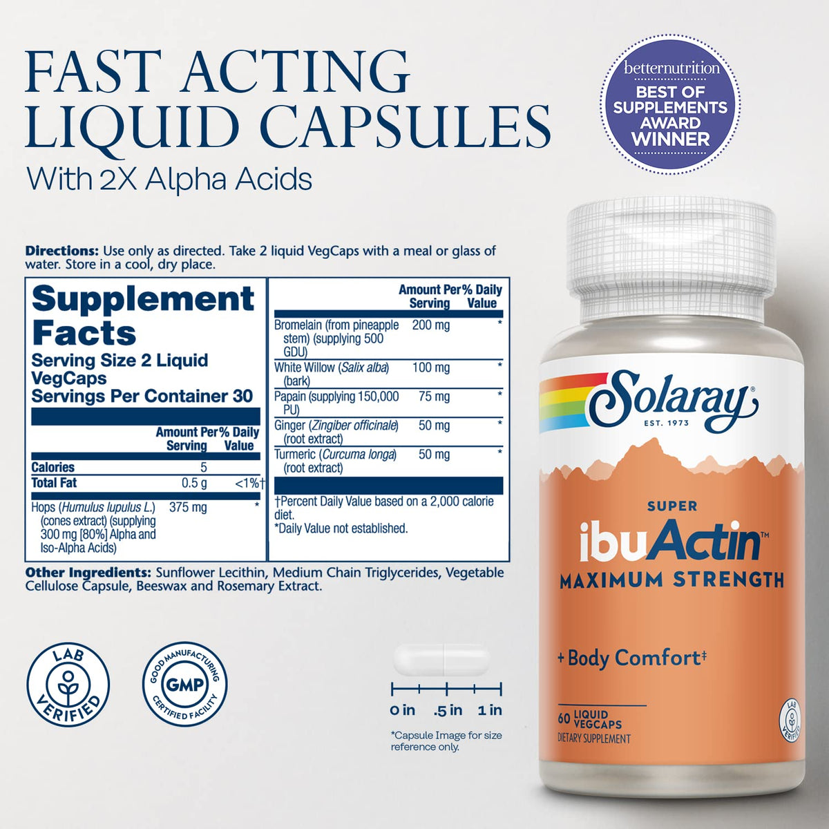 SOLARAY Super IbuActin 60 capsules côté avec détails du produit