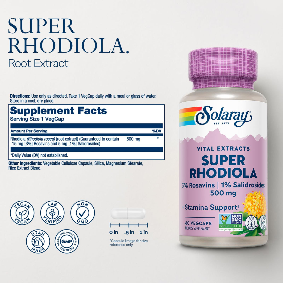 SOLARAY Super Rhodiola 500mg, arrière de l'emballage