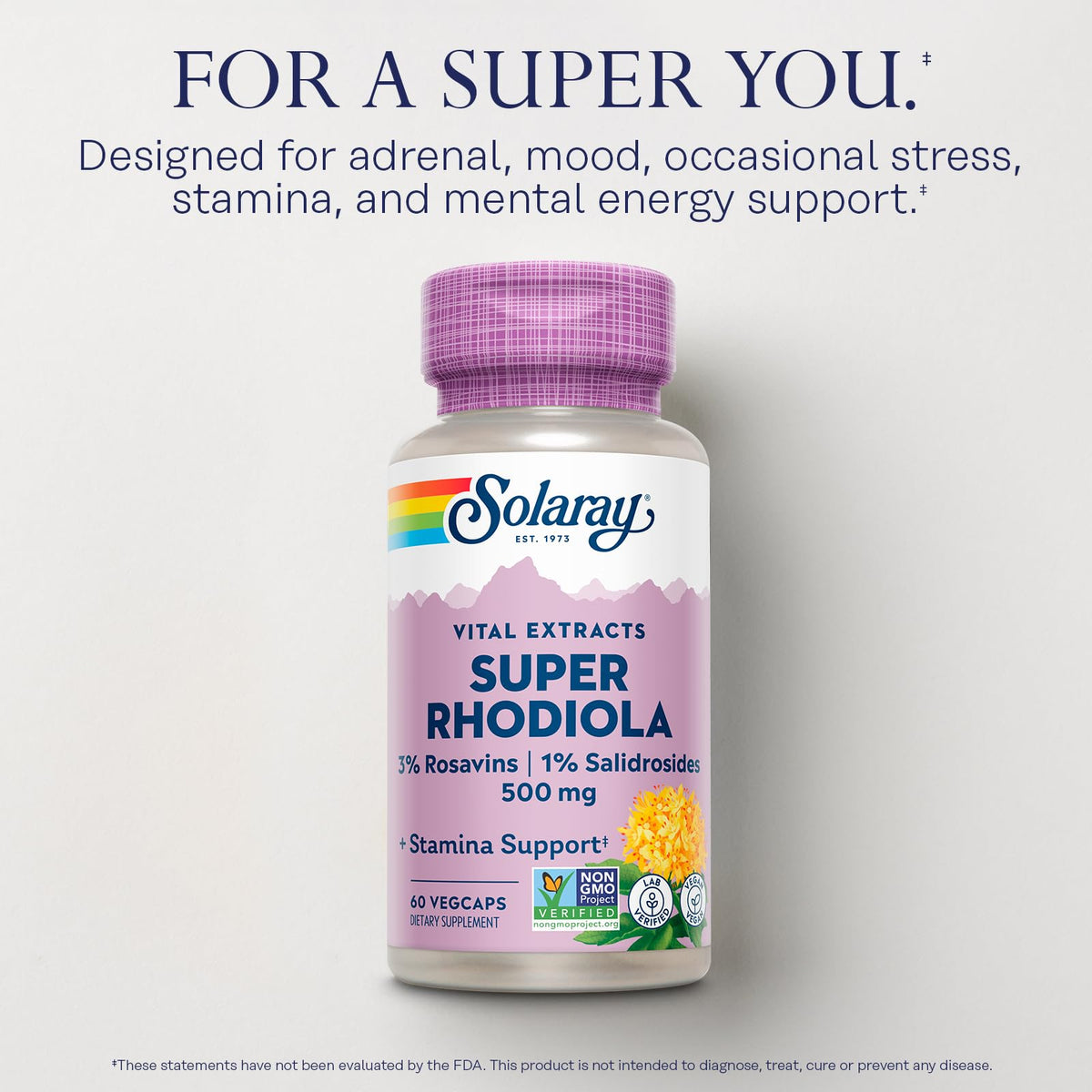 SOLARAY Super Rhodiola 500mg, capsules dans un verre