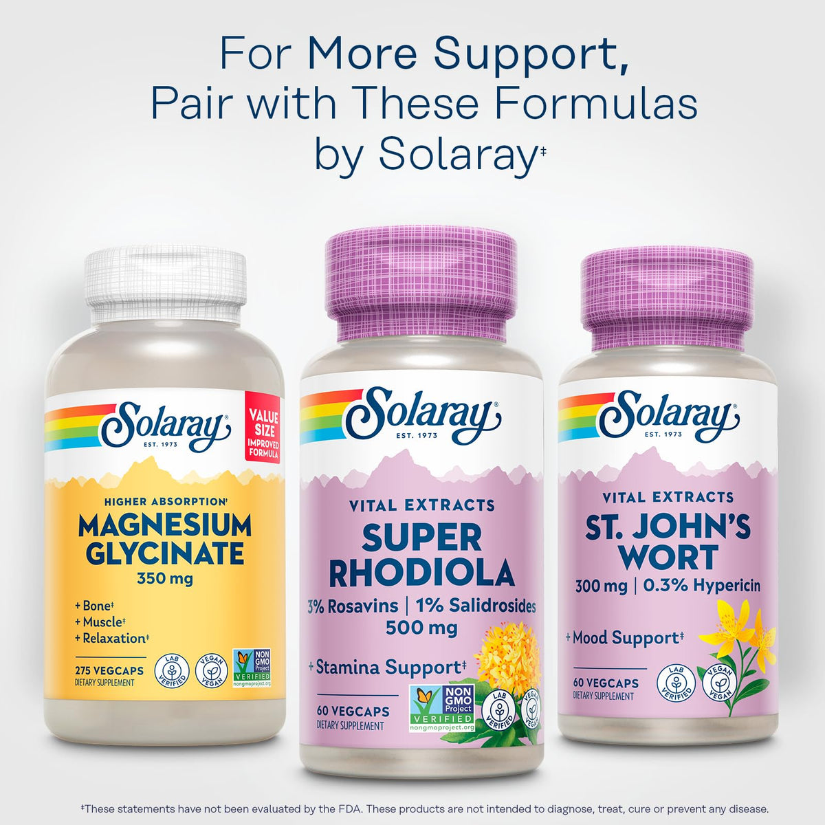 SOLARAY Super Rhodiola 500mg, capsules sur une surface en bois