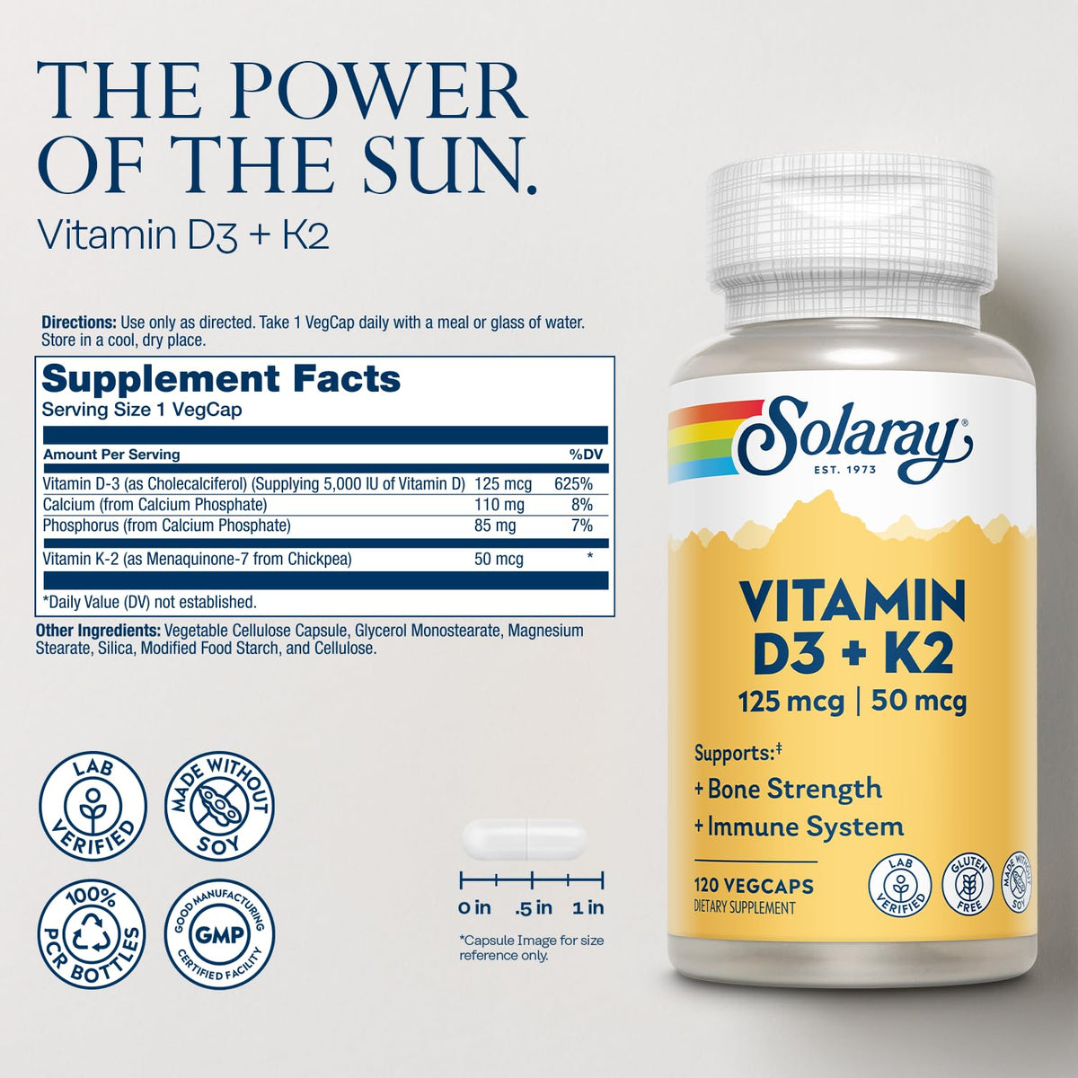 SOLARAY Vitamine D3 K2 120 VegCaps flacon arrière
