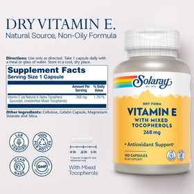 SOLARAY Vitamine E 400 IU capsules avec étiquette détaillée