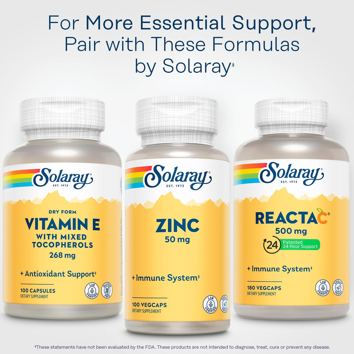 SOLARAY Vitamine E 400 IU capsules sur un fond blanc