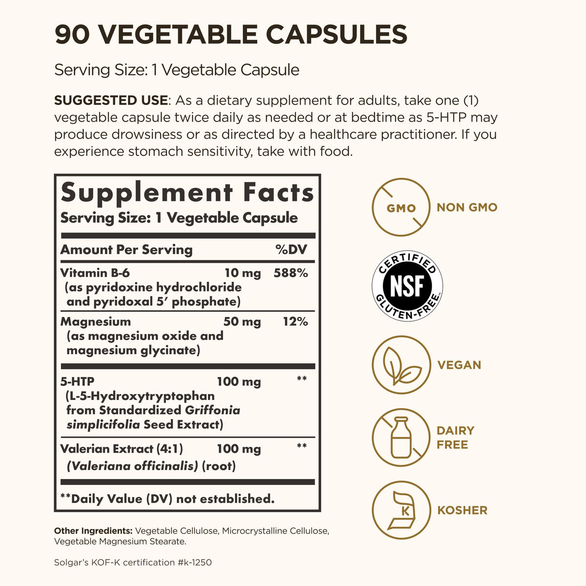 Solgar 5-HTP 100 mg capsules végétales sur une surface blanche