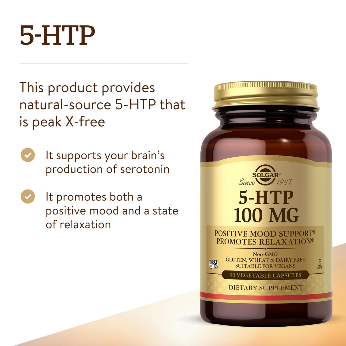 Solgar 5-HTP 100 mg étiquette du produit avec ingrédients