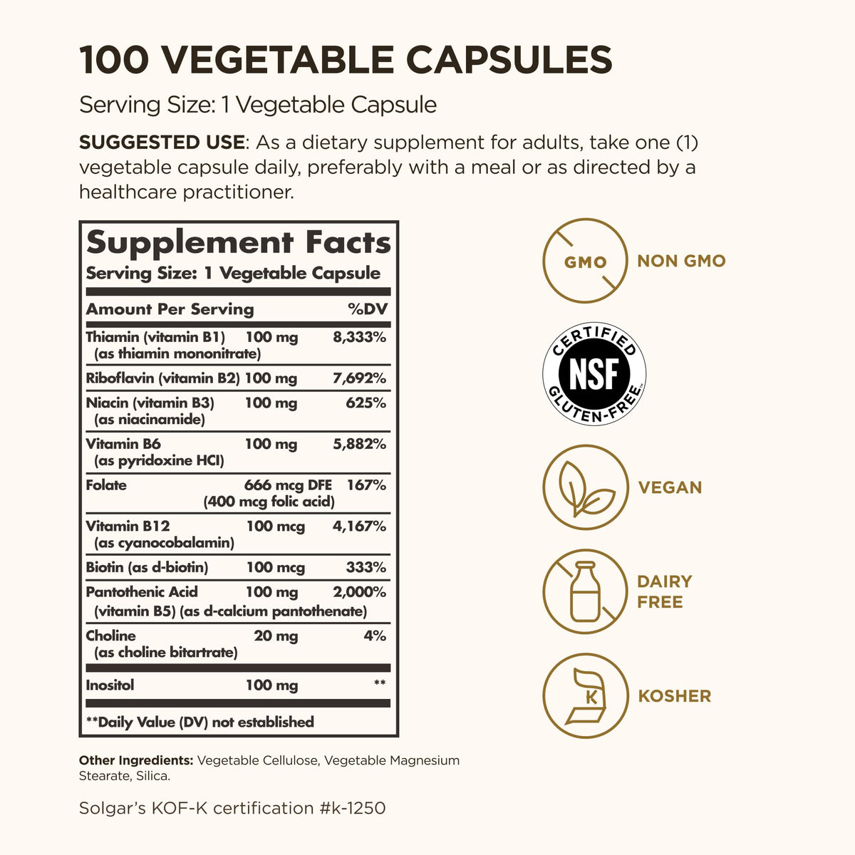 Solgar B-Complex 100 Capsules avec étiquette détaillant les ingrédients