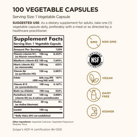 Solgar B-Complex 100 Capsules avec étiquette détaillant les ingrédients