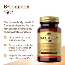 Solgar B-Complex 50 capsules végétales sur fond blanc