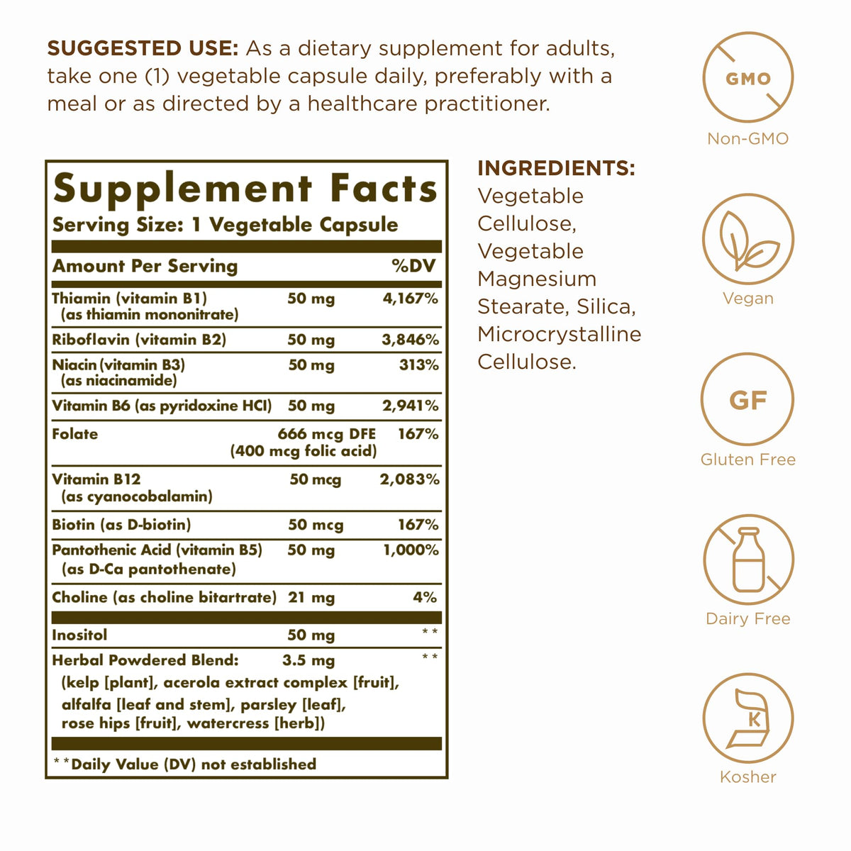 Solgar B-Complex “50” emballage avec informations nutritionnelles