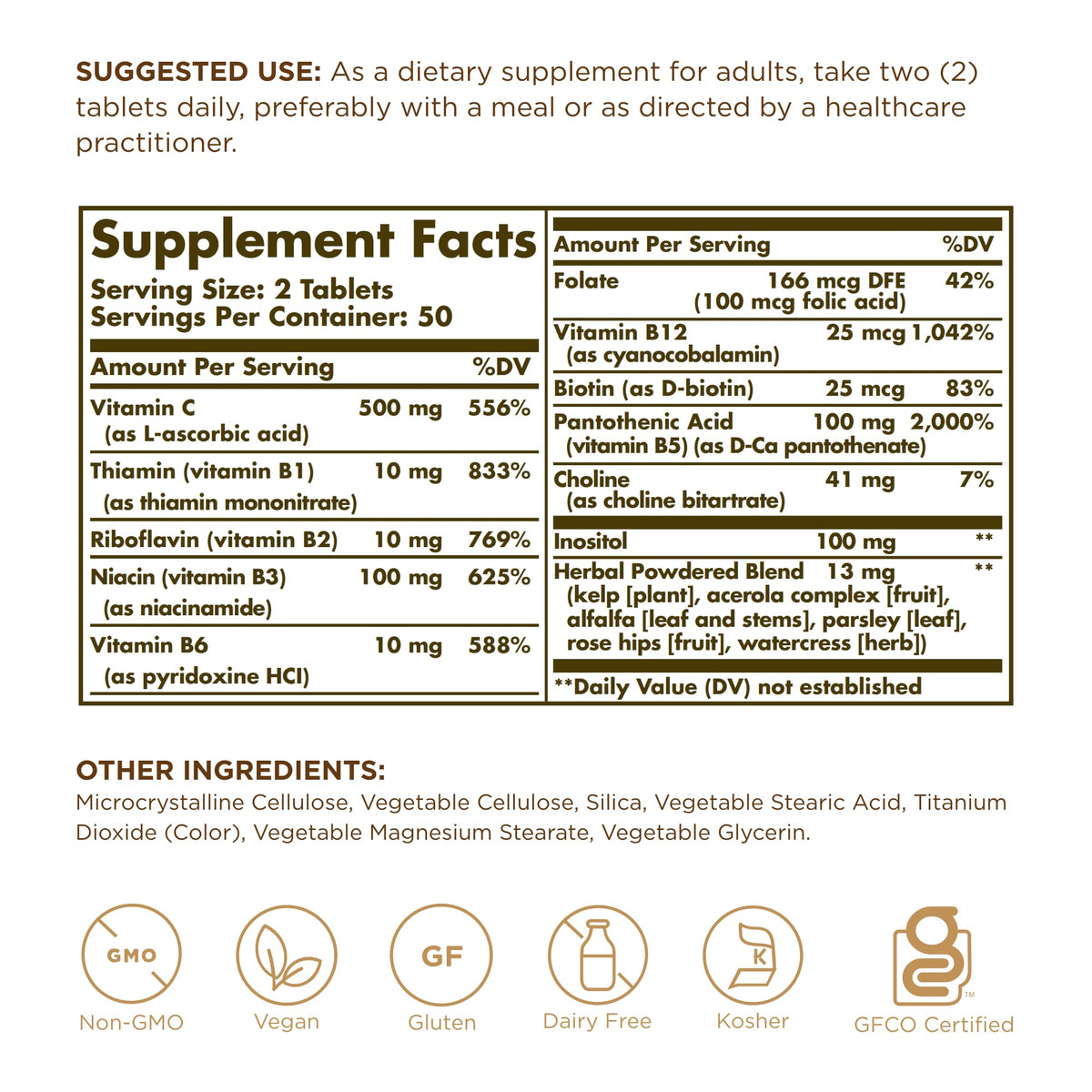 Solgar B-Complex avec Vitamine C, étiquette détaillée