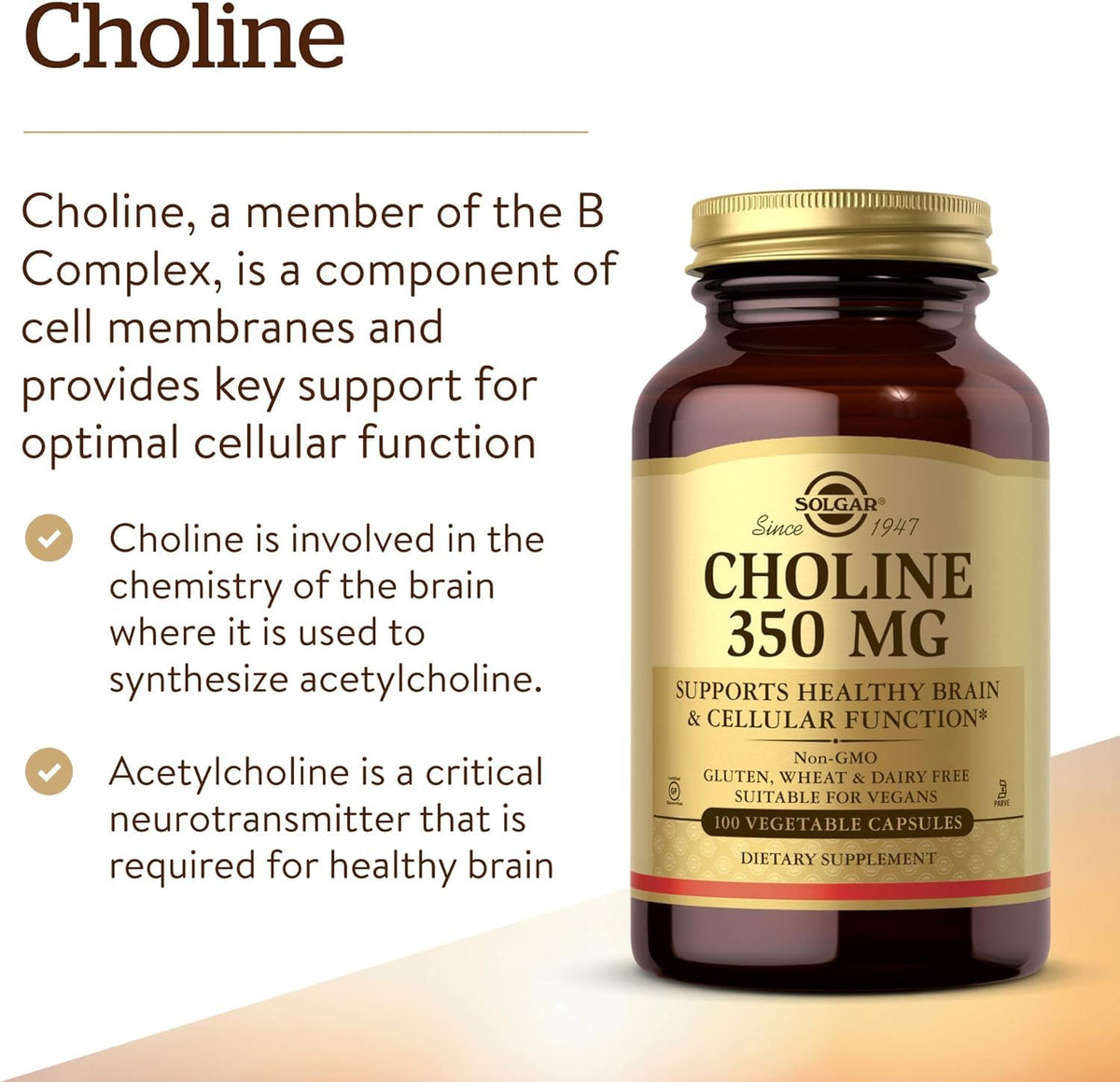 Solgar Choline 350 mg Gélules Végétales vue arrière avec informations nutritionnelles