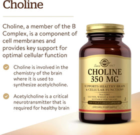 Solgar Choline 350 mg Gélules Végétales vue arrière avec informations nutritionnelles