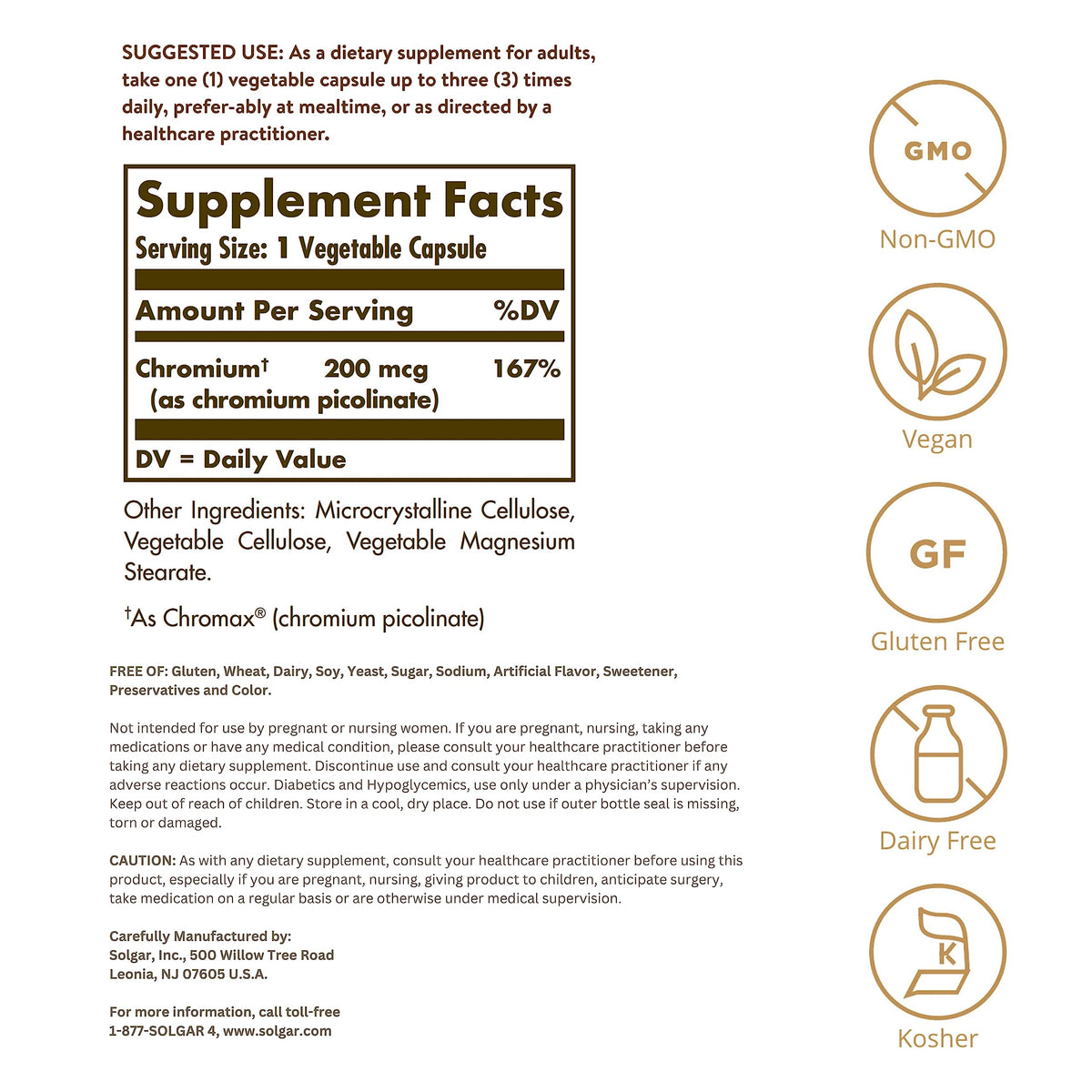 Solgar Chromium Picolinate 200 mcg gélules végétales côté