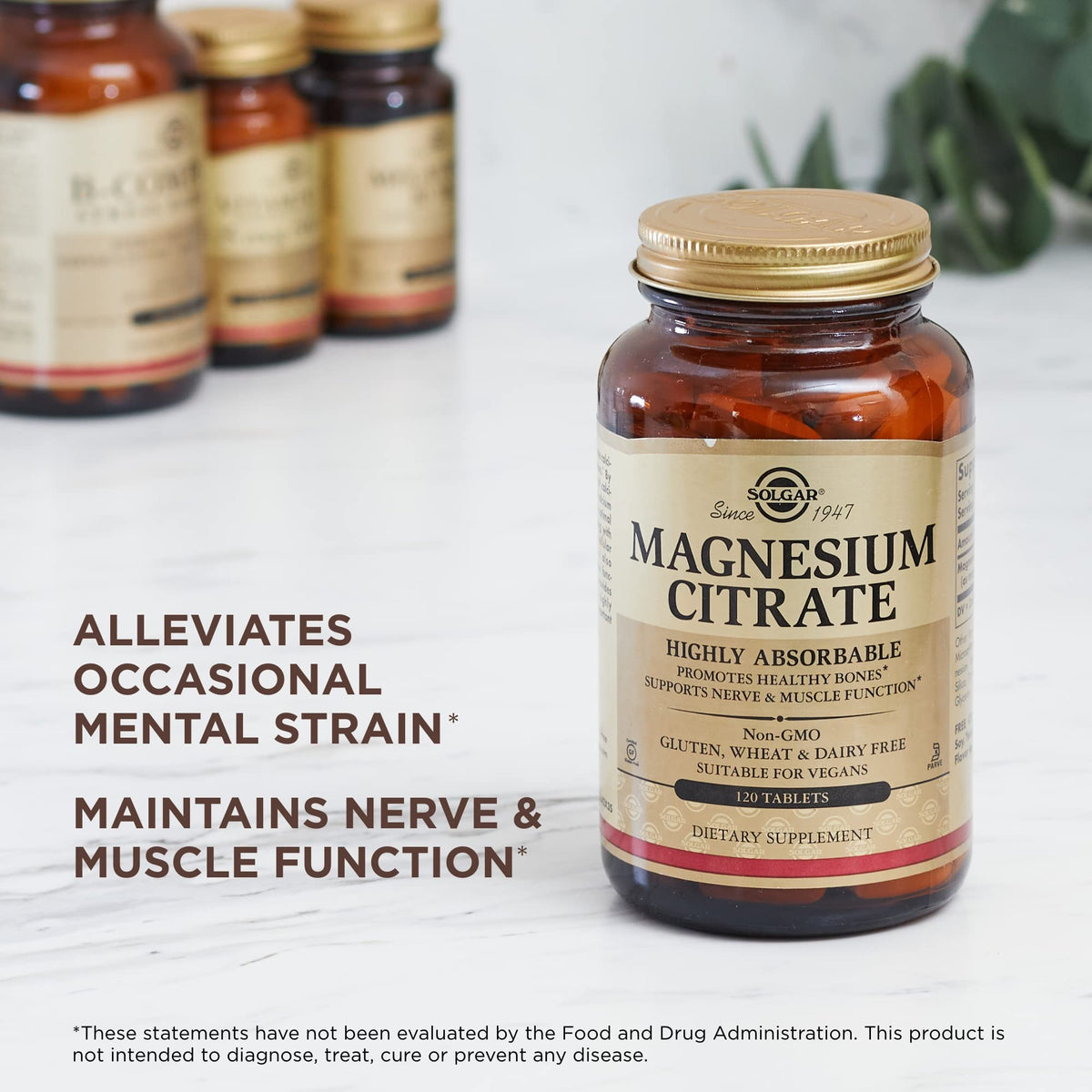 Solgar Citrate de Magnésium en gros plan, texture des comprimés