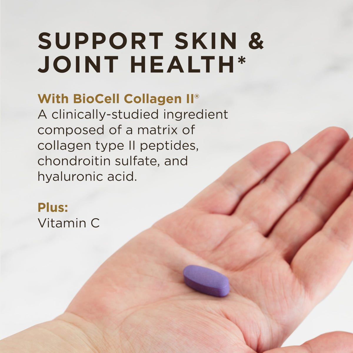 Solgar Collagen Hyaluronic Acid Complex 30 comprimés avec une main