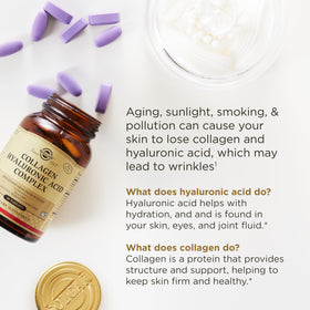 Solgar Collagen Hyaluronic Acid Complex 30 comprimés sur une table