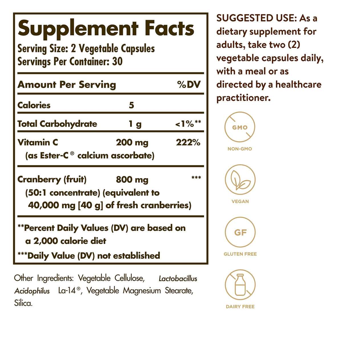 Solgar Cran Flora 60 capsules végétales, vue arrière avec ingrédients