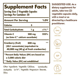 Solgar Cran Flora 60 capsules végétales, vue arrière avec ingrédients