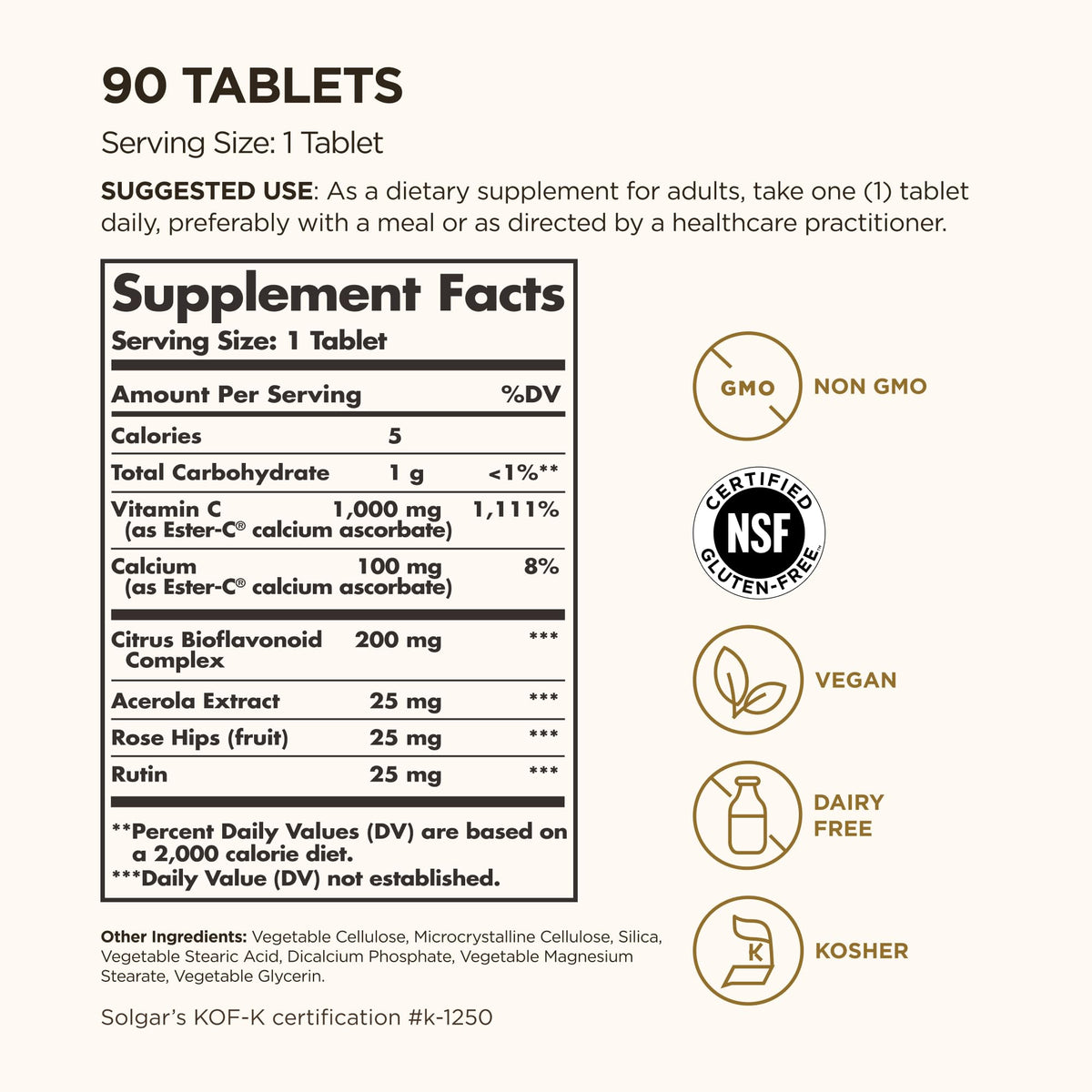 Solgar Ester-C Plus 1000 mg comprimés avec étiquette détaillée