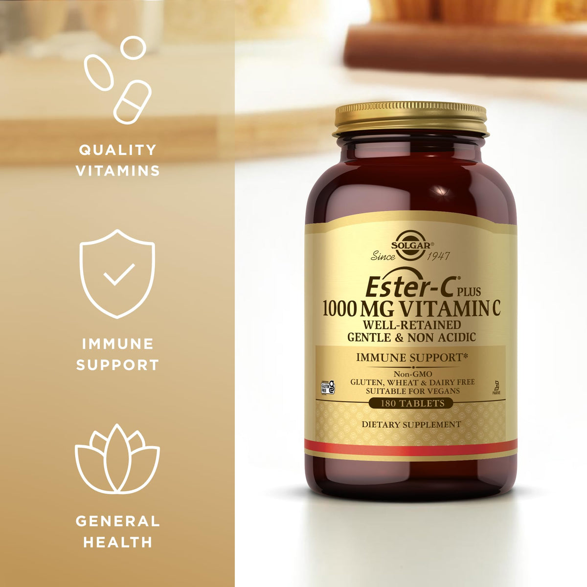 Solgar Ester-C Plus 1000 mg, comprimés sur fond blanc