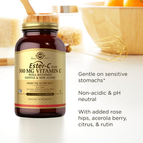 Solgar Ester-C Plus 500 mg Vitamine C 250 capsules avec un verre d'eau