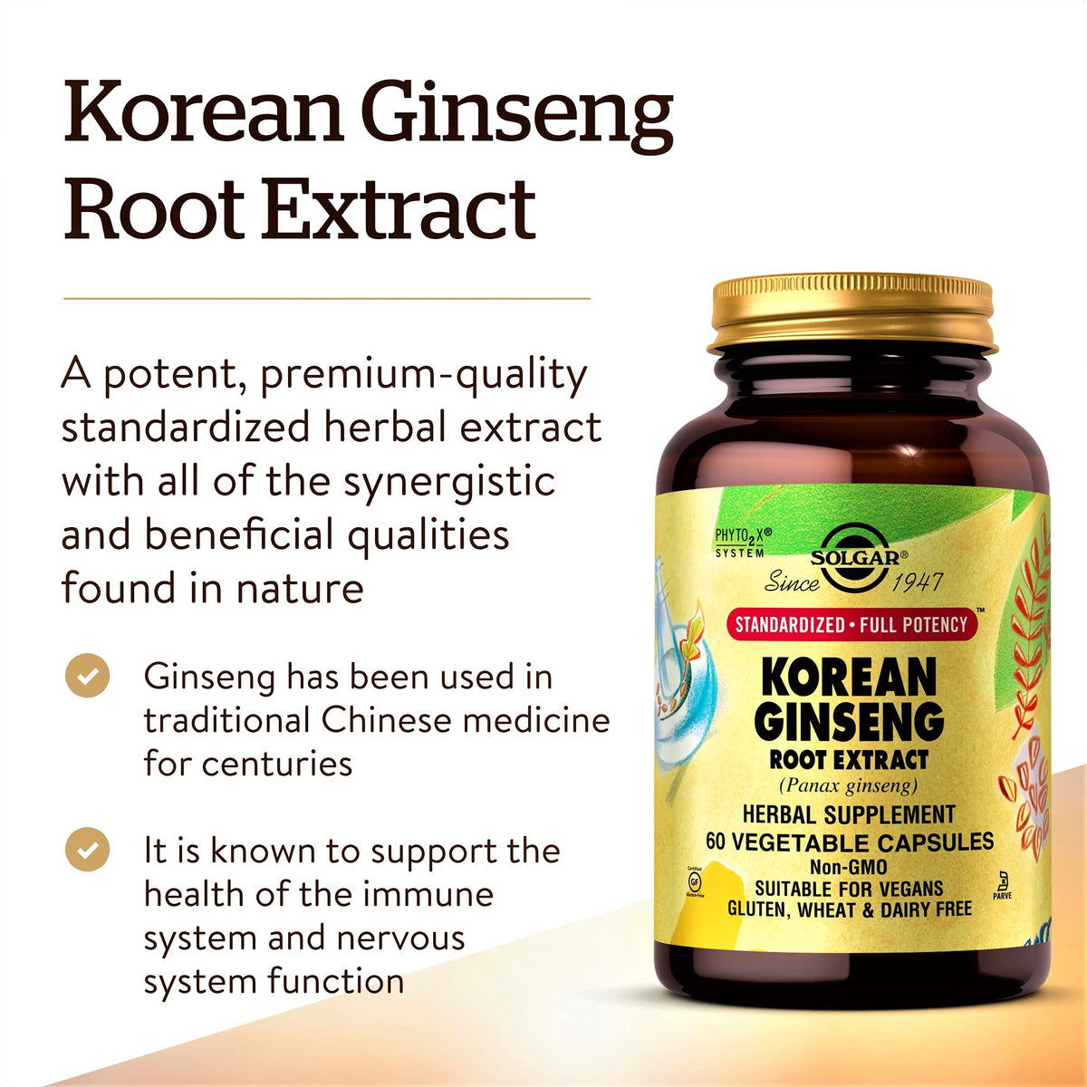 Solgar Extrait de Racine de Ginseng Coréen - capsules végétales sur une surface blanche