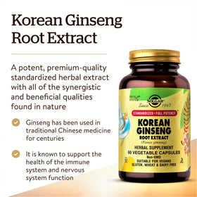 Solgar Extrait de Racine de Ginseng Coréen - capsules végétales sur une surface blanche
