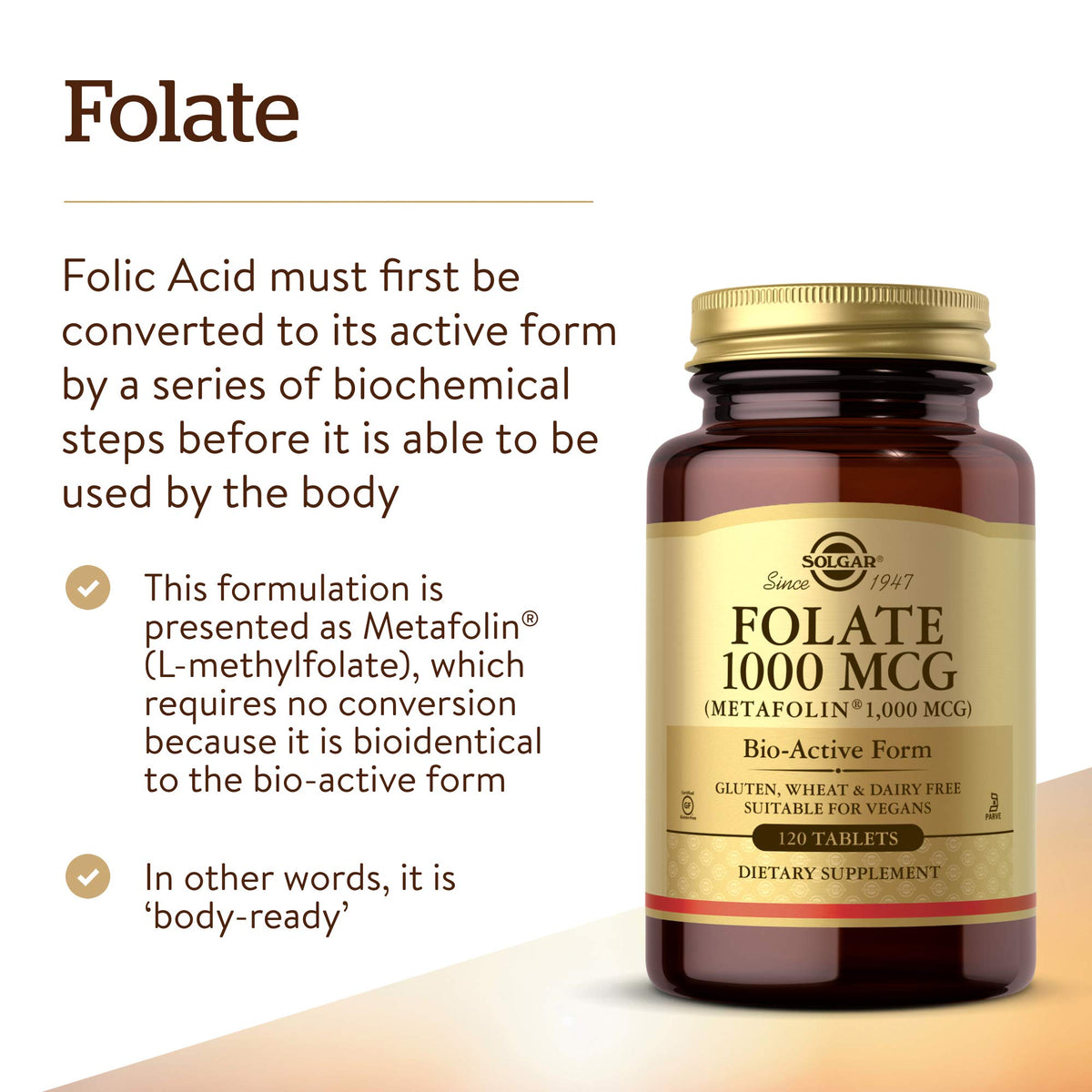 Solgar Folate 1000 mcg côté de l'emballage avec informations nutritionnelles