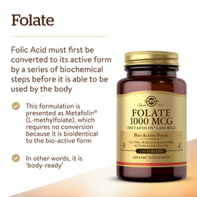 Solgar Folate 1000 mcg côté de l'emballage avec informations nutritionnelles