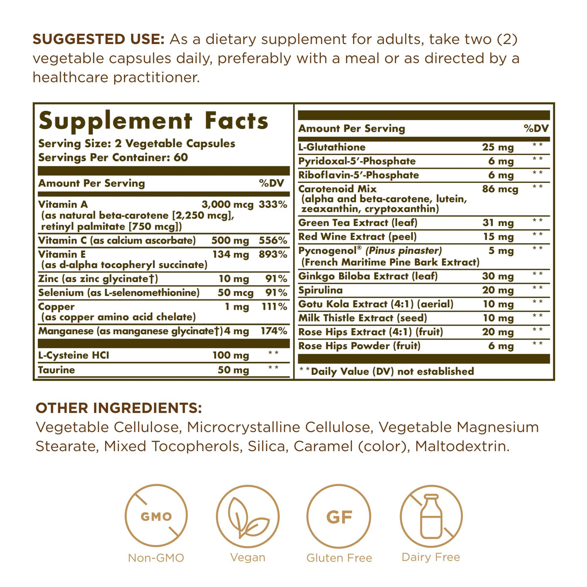 Solgar Formule Antioxydante Avancée 120 VegCaps contenant ouvert