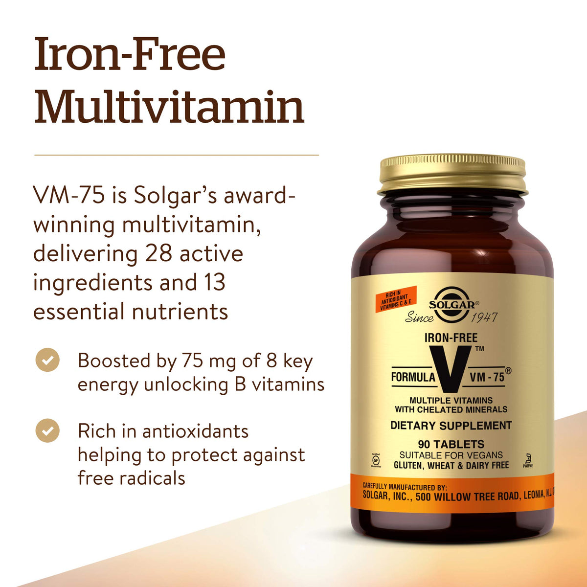 Solgar Formule VM-75 sans Fer, comprimés sur une table