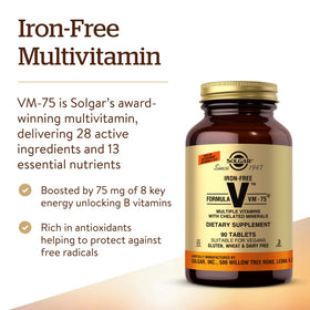 Solgar Formule VM-75 sans Fer, comprimés sur une table