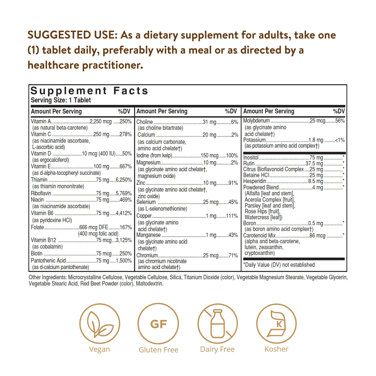 Solgar Formule VM-75 sans Fer, étiquette et informations nutritionnelles
