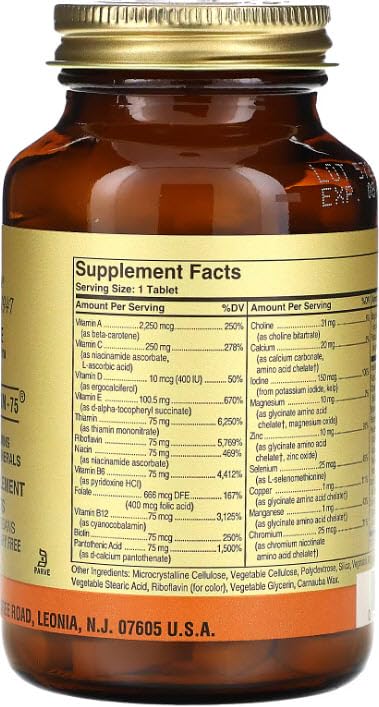 Solgar Formule VM-75 sans Fer, flacon ouvert avec comprimés