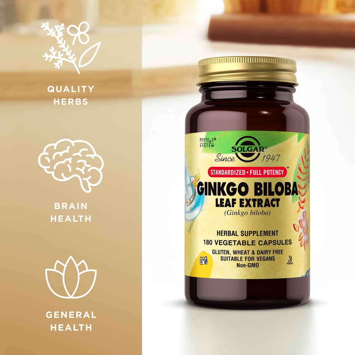 Solgar Ginkgo Biloba Extrait de Feuille 180 Capsules Végétales sur une table en bois