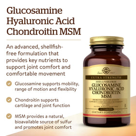Solgar Glucosamine Acide Hyaluronique Chondroïtine MSM sur un fond neutre