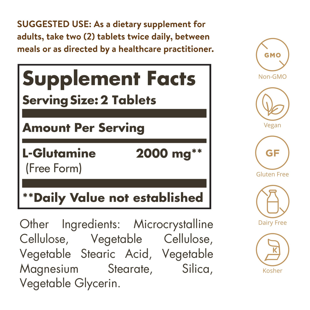 Solgar L-Glutamine 1000 mg comprimés sur une surface blanche