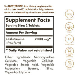 Solgar L-Glutamine 1000 mg comprimés sur une surface blanche