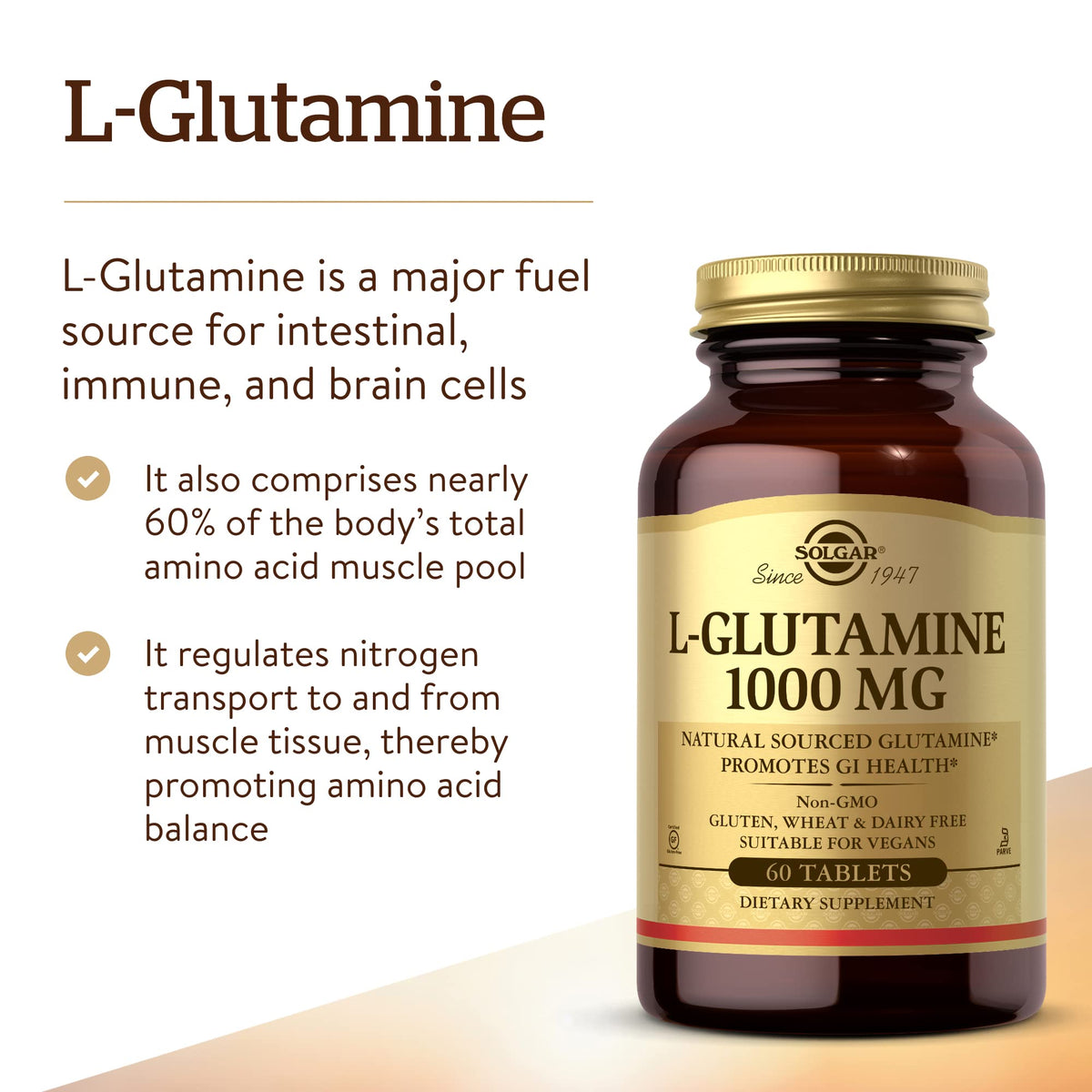 Solgar L-Glutamine 1000 mg étiquette avec informations nutritionnelles